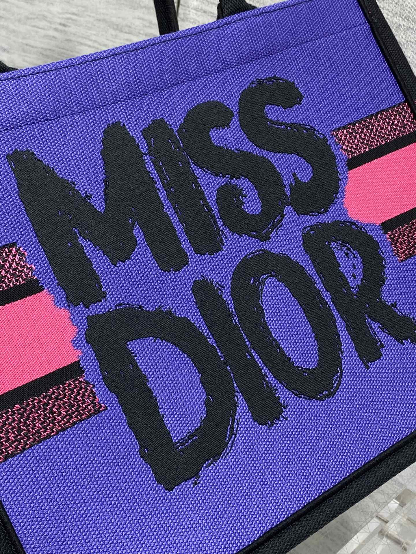 Large Dior Book Tote Bag Two-Tone Fuchsia and Purple Miss Dior Graffiti Embroidery